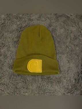 Carhartt Olive Green Knit Cuffed Beanie with Gold Logo Patch